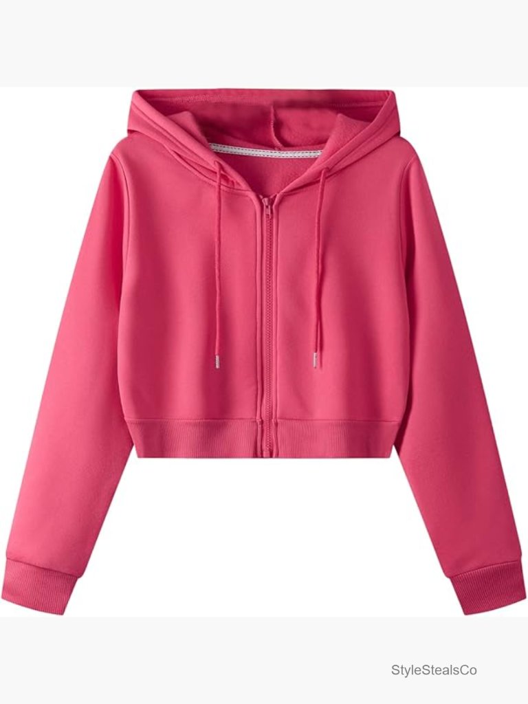 Long Sleeve Drawstring Full Zip Hooded Crop Jacket Sweatshirt